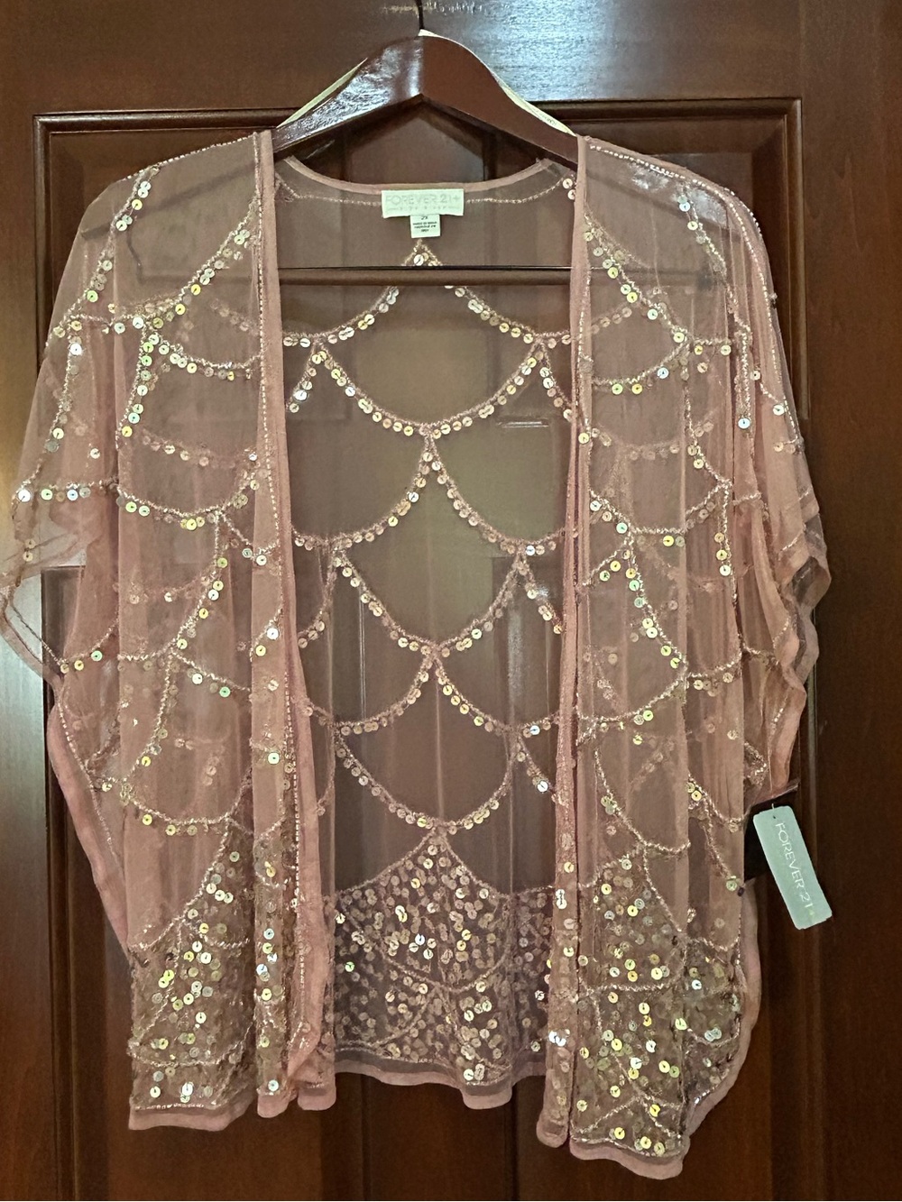 Forever 21+ 2X Blush Pink Sequin Mesh Kimono Open Front Cover Up NWT